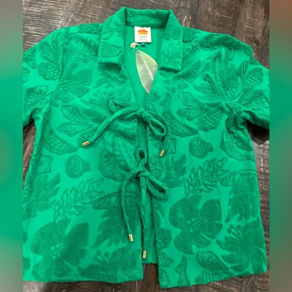 FARM Rio River Nature Terry Tie-Front Top Medium NWT Green Med M Anthropologie - Picture 9 of 13
